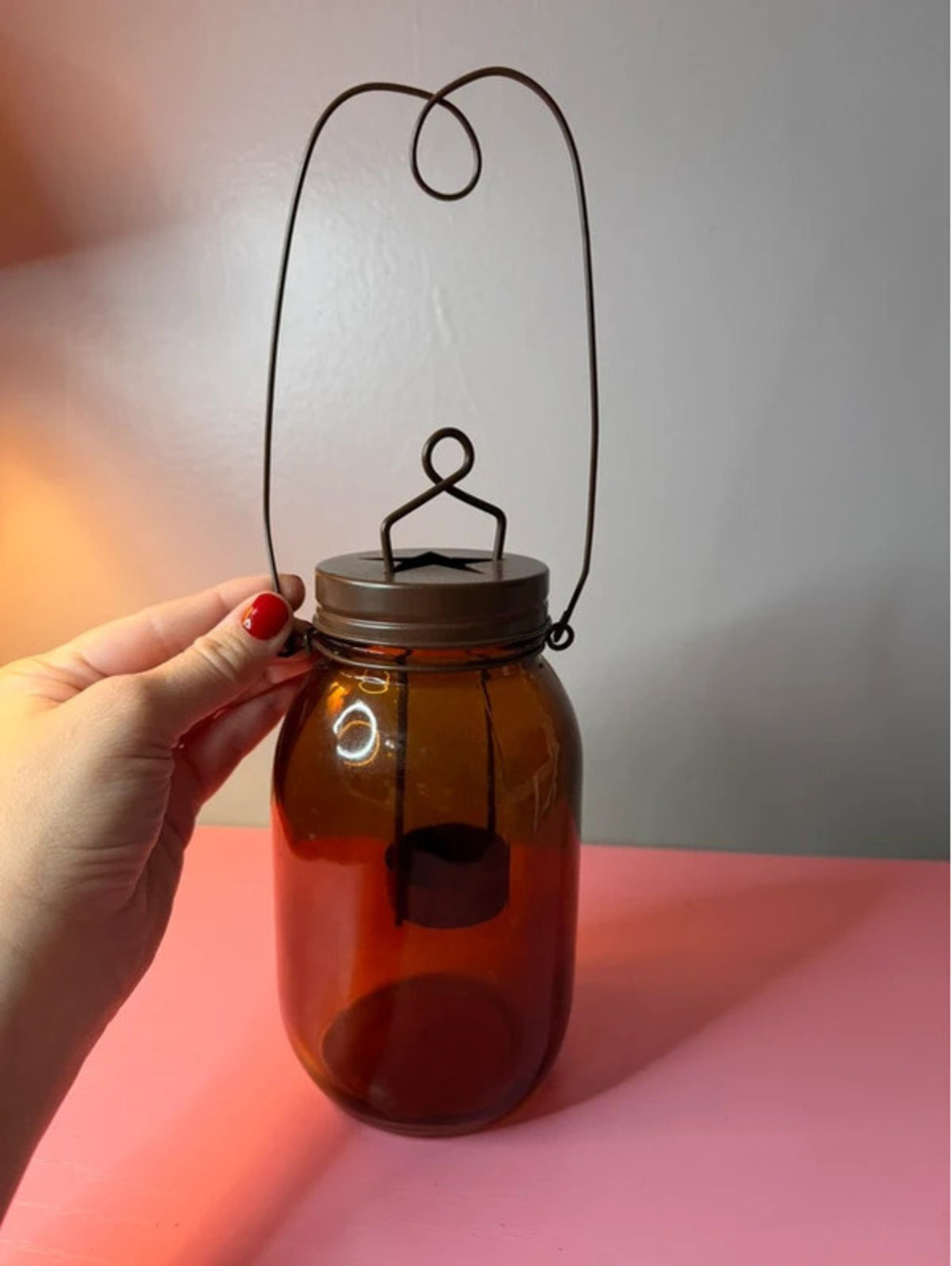 Primitive Amber Glass Hanging Candle holder Lantern Star Cutout Wire Handle